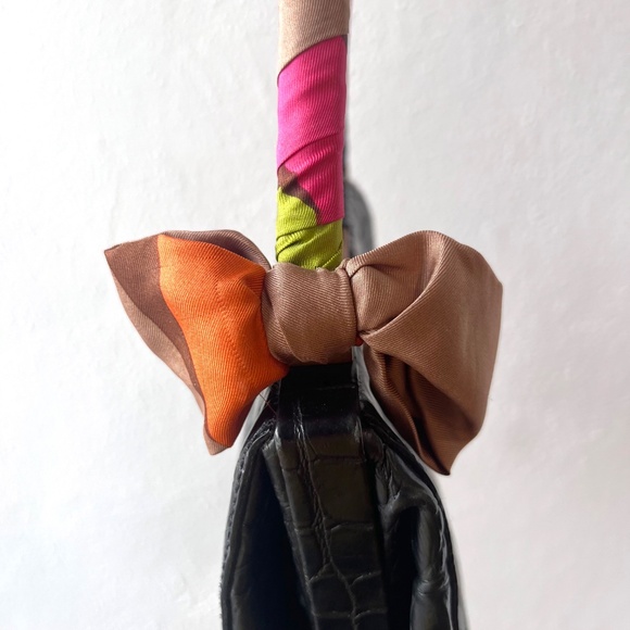 Miu Miu 90s Black Croc Embossed Leather Handbag with Scarf Handle Vintage Y2K - Picture 6 of 14